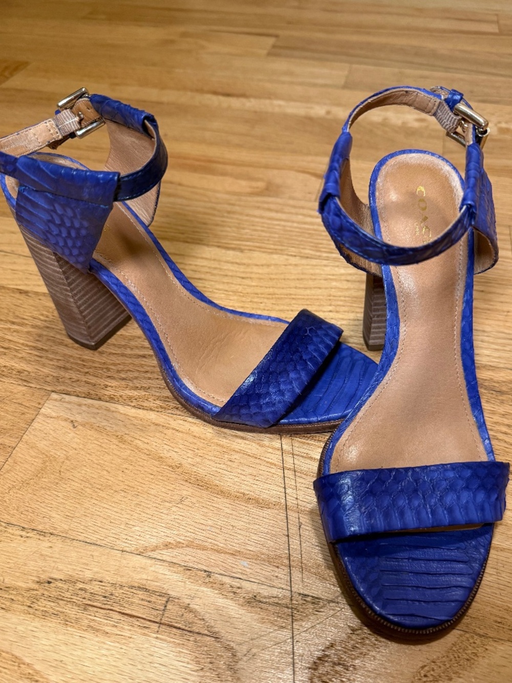 Coach Lexey Sandal Blue Embossed Leather Block Heel Ankle Strap Size 8 B